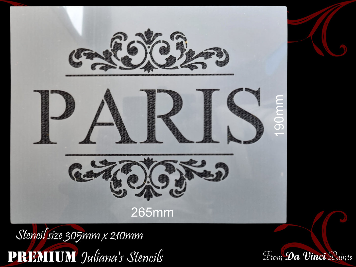 PARIS in ornate scroll furniture premium paint stencil 250mm x 200mm - Da Vinci Chalk Paint & Rustic home decor