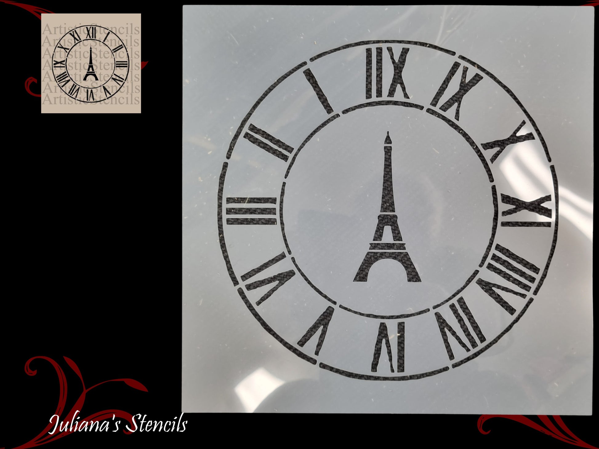 Clock face & eiffel tower roman numerals furniture premium paint stencil 250mm diameter - Da Vinci Chalk Paint  Shoppe
