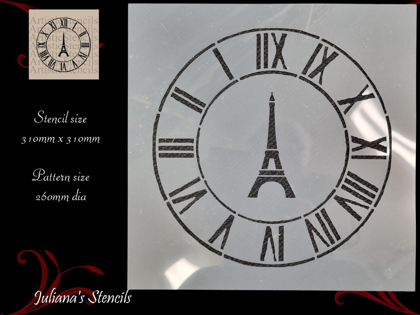 Clock face & eiffel tower roman numerals furniture premium paint stencil 250mm diameter - Da Vinci Chalk Paint  Shoppe