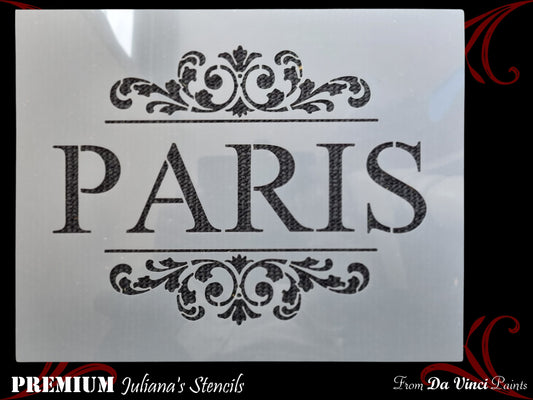 PARIS in ornate scroll furniture premium paint stencil 250mm x 200mm - Da Vinci Chalk Paint & Rustic home decor